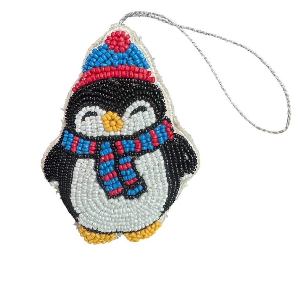 Beaded Penguin Christmas Ornament Winter Bird Scarf Beanie Holiday Decor 4.5"